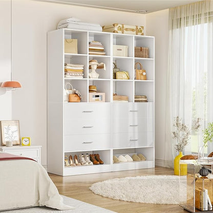 Homieasy Closet System Organizer with Drawers and Partition Storage, 4 FT Freestanding Wardrobe Organizer Modular with Shoe Shelf for Walk-In or Reach-In Closets, Set of 2, White