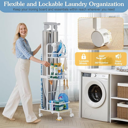 Ironing Board Hanger,Iron and Ironing Board Holder No Wall Mount,Laundry Room Organization and Storage Cart with Iron Stand,Narrow Laundry Shelves Organizer Cabinet,Laundry Room Essentials Accessories