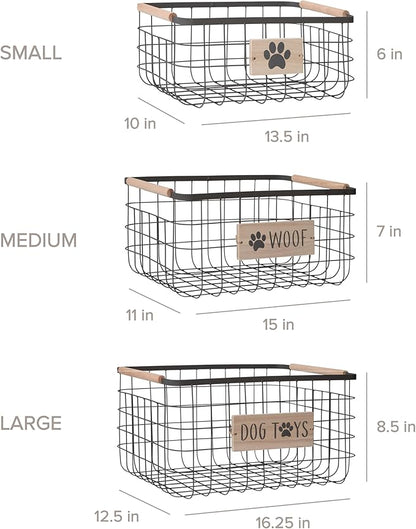 RGI Home Dog Toy Storage Baskets – Set of 3 Rectangular Metal Organizer Bins for Pet and Household Storage, Multi-Sized with Wood Accents, Durable and Rustic, Antique Gray Metal