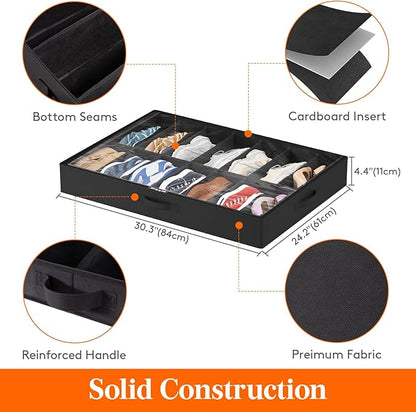 Lifewit Under Bed Shoe Storage Organizer 4 Pack(2x14 Pairs+2x4 Pairs), 4.3" Tall Fabric Shoes Container Box, Foldable Closet Shoe Bag with 2 Reinforced Handles and Clear Cover, Black