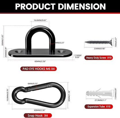 sprookber 304 Stainless Steel Pad Eye Snap Hooks, M6 Heavy Duty Ceiling Hooks, 800 lb Capacity Hammock Swing Hanging kit, Plant Hangers, Marine Hardware Staple Hook Loop with Screws, Set of 8(Black)