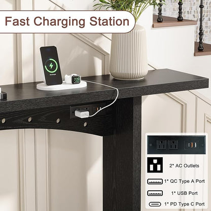 71" Console Table with Charging Station, Farmhouse Entryway Table, Entryway Table with Storage for Living Room or Foyer, Sofa Table for Hallway with Anti-Tip, Easy Assembly, Black