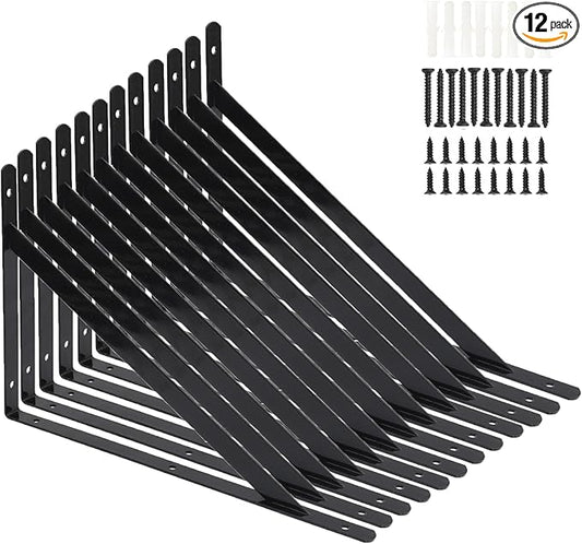 12 Pack L16 x H 10" Heavy Duty Shelf Brackets with Screws Wall Shelf Brackets with 90 Degree Triangle, Black Metal Shelf Brackets, Shelves L Brackets(400x250mm)