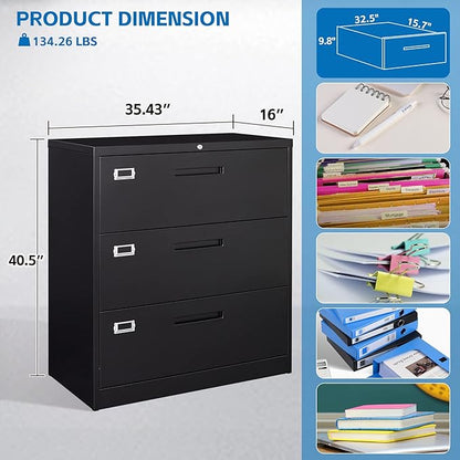 Lateral File Cabinet with Lock,Metal Filing Cabinet with 3 Drawer,Steel Lateral File Cabinet for Legal/Letter A4 Size,Wide File Cabinet for Office Home,Assembly Required