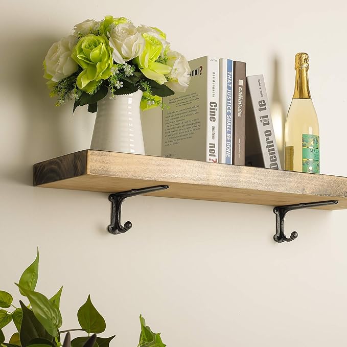 Metal Wall Shelf Brackets 8 Inch with Hooks Heavy Duty Brackets for Floating Shelves, Cast Iron Shelf Bracket Black 2 Pack