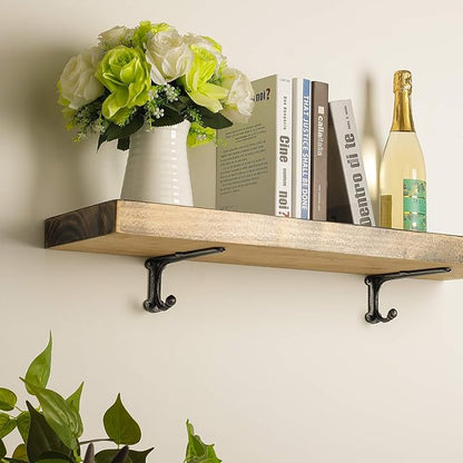 Metal Wall Shelf Brackets 8 Inch with Hooks Heavy Duty Brackets for Floating Shelves, Cast Iron Shelf Bracket Black 2 Pack