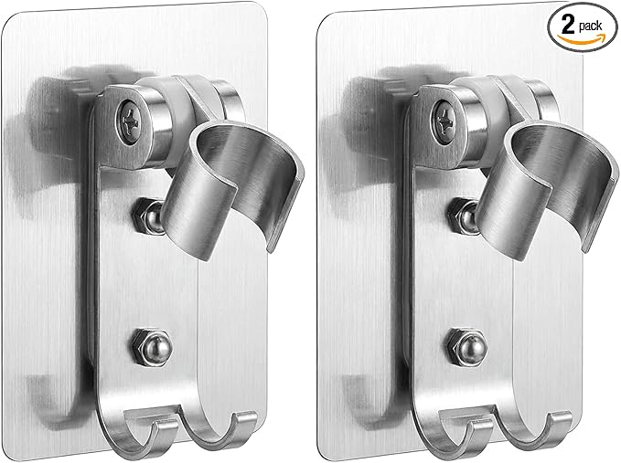 Adhesive Shower Head Holder with 2 Hanger Hooks, Adjustable Shower Wand Holder, Showers Head Holders Wall Mount with Hanger Hooks, No Drill Space Aluminum Showers Wand Stand