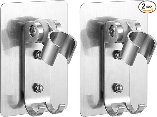 Adhesive Shower Head Holder with 2 Hanger Hooks, Adjustable Shower Wand Holder, Showers Head Holders Wall Mount with Hanger Hooks, No Drill Space Aluminum Showers Wand Stand