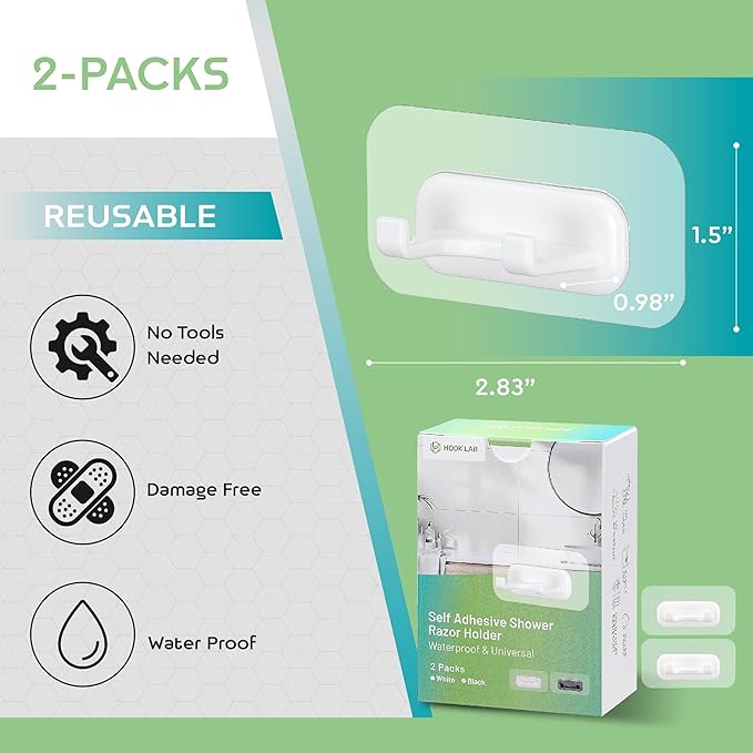 Hook LAB Strong Adhesive Shower Razor Holder, 2-Pack Waterproof Wall Hooks for Bathroom, Reusable & Removable No-Drill Hook for Razors, Towels & Accessories – Works on Tile, Glass & Metal - White