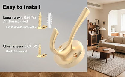 Gold Wall Hooks, 6 Pack Coat Robe Hook Heavy Duty Metal Double Bath Hook Wall Mounted, Hand Towel Hooks for Cubicle Bathroom Kitchen Closet Garage