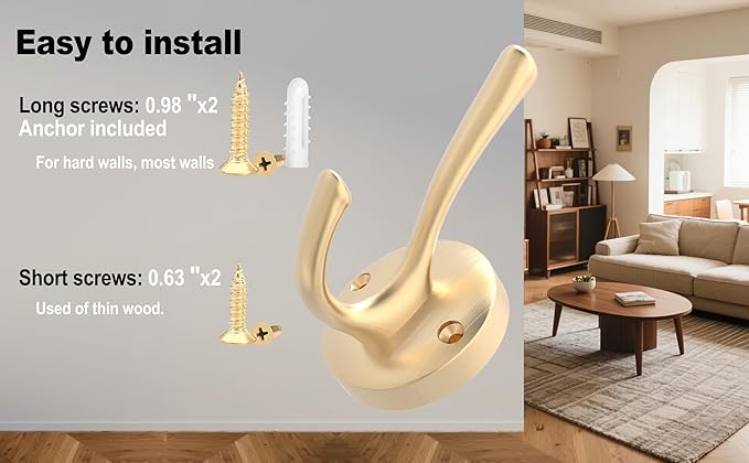 Gold Coat Hooks for Wall, 2 Pack Heavy Duty Towel Robe Hooks, Hats Hooks for Entryway Cubicle Closet Mudroom Bathroom Garage
