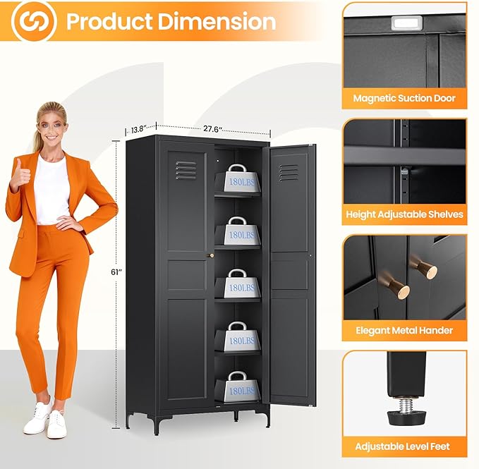 61" Tall Kitchen Pantry Storage Cabinet with 2 Doors and 4 Adjustable Shelve, Metal Black Food Pantry Cabinet, Kitchen Cabinet Storage Unit,5 Tier Freestanding Cupboard for Kitchen Dining/Living Room