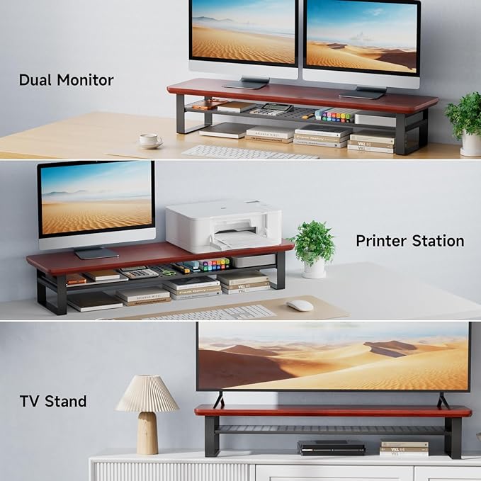 Dual Monitor Stand, 35.4 Inch Monitor Stand Riser for 2 Monitors, 2 Tiers Wood Desk Shelf with Storage, Desktop Organizer Stand for Computer, Laptop, Printer, TV (Reddish Brown, 35.4in)