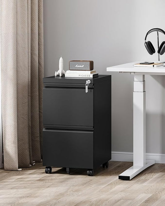 2 Drawer File Cabinet with Lock, Metal Under Desk Rolling Filing Cabinet fits Letter/Legal/A4 Size for Home Office, Mobile Filing Cabinets, Assemble Required, Black