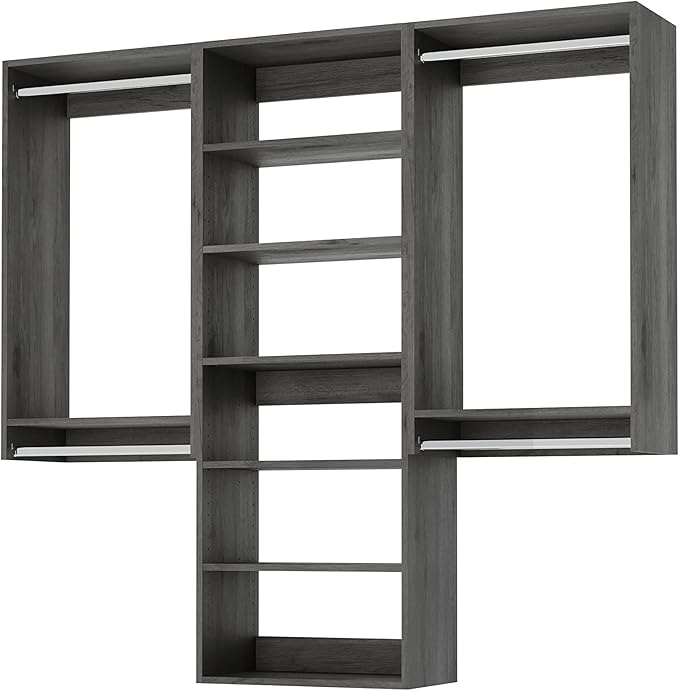 Modular Closets Vista Collection Closet Organizer System - 3 Piece Wall Mounted Kit with Hanging Rods & Shelves, Grey, Fits Closets 75” or wider