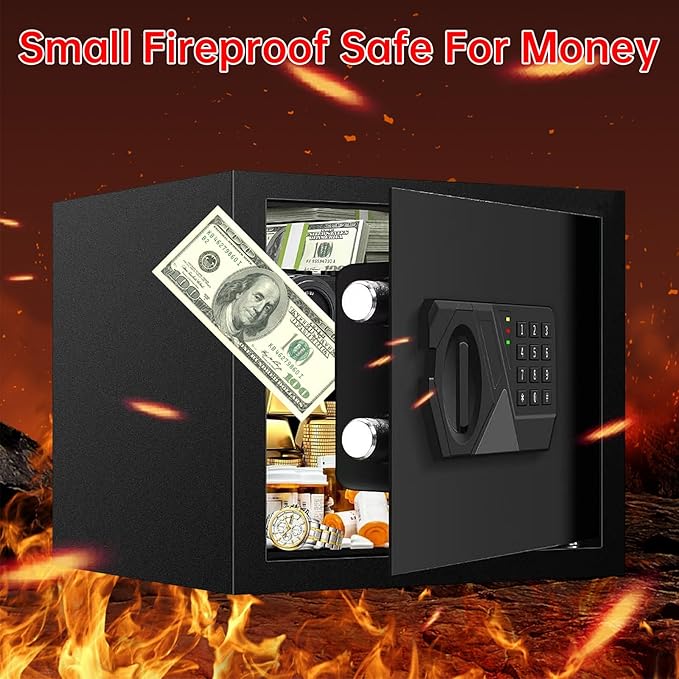 1.6 Cu ft Small Fireproof Safe Box, Digital Security Home Safes Water and Fireproof with Electronic Keypad Keys and Alarm System, Fire Safe for Home Money Medicine Valuables