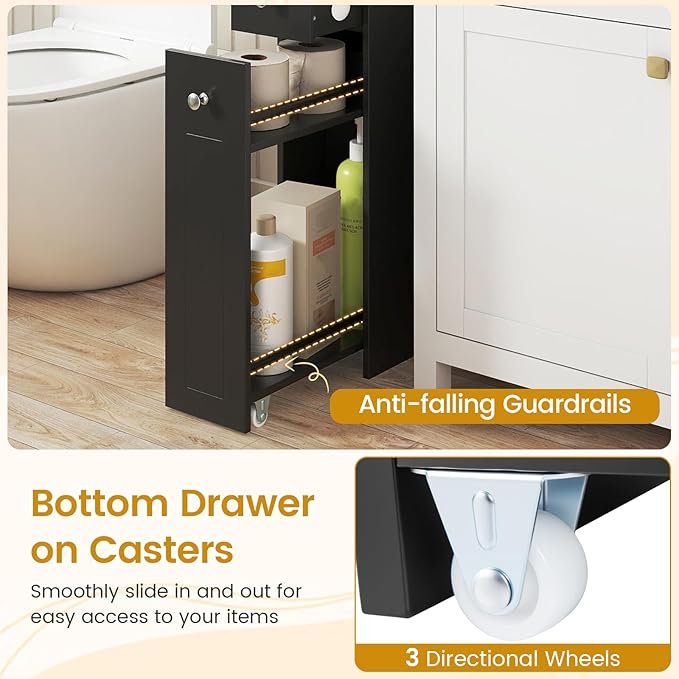 Tangkula Slim Bathroom Storage Cabinet, 4-Tier Narrow Small Side Storage Cabinet Next to Toilet, Slide Out Drawers on Casters, Bathroom Floor Organizer Toilet Paper Holder for Small Spaces (Black)