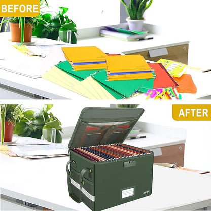 ENGPOW File Box with Lock, Fireproof Document Box with Zipper Lid, Collapsible File Storage Organizer Filing Cabinet with Handle, Portable Home Office Safe for Hanging Letter/Legal Folders, Green
