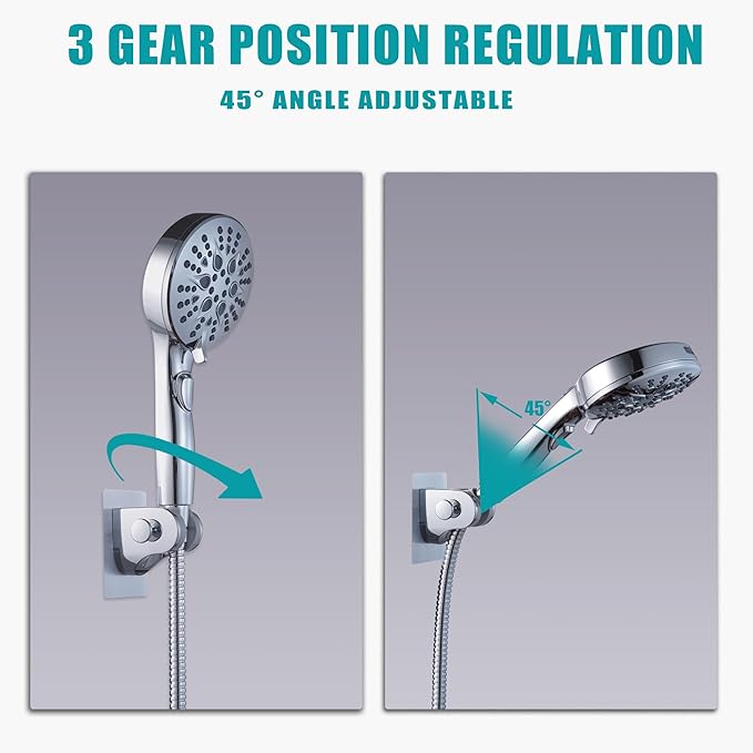 Handheld Shower Head Holder with 2 Hanger Hooks,Strong Adhesive&Waterproof No Drilling Wall Mount Shower Bracket for RV and Kids&Elders,Install Any Height&Fix Firmly
