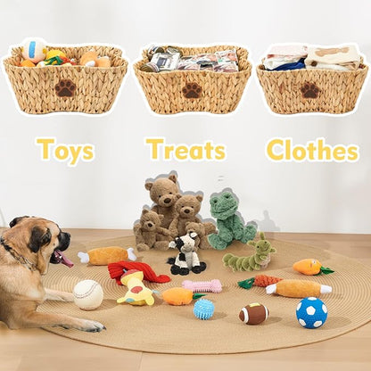 FairyHaus Wicker Dog Toy Basket Organizer, Large Bone Shape Bin with Dog Paw Decor, Natural Water Hyacinth Box for Pet Chew Toys, Blankets, Treats