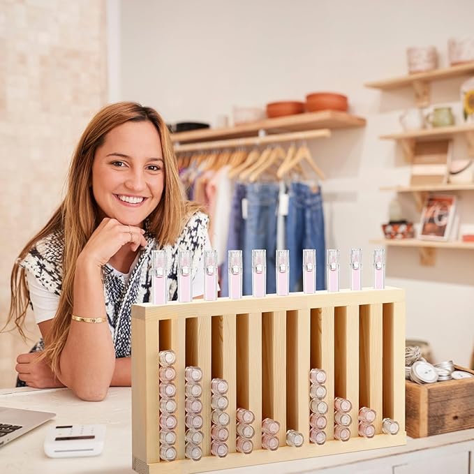 1 Pcs Wooden Lipsticks Holder 0.7 inch Lip Balm Tube Holder Lip Gloss Organizer Display Wood Lipsticks Tube Tower Organizer for Market Craft Booth Room Display (10 Slot)