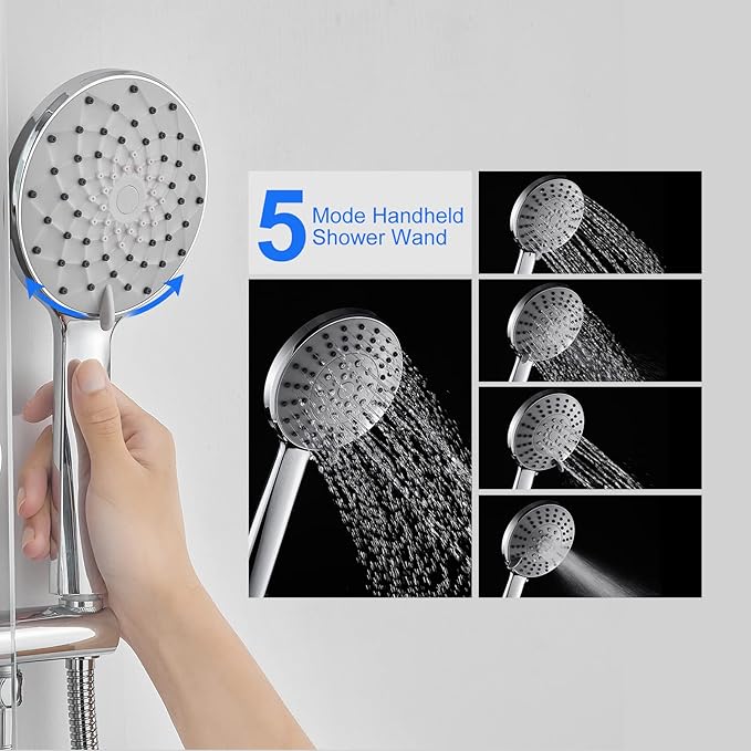 POPFLY Tempered Glass Shower Panel Tower System, 9" Adjustable Shower Arm Height, 304 Stainless Steel White Shower Panels Tower with 6 Massage Jet and Tub Spout