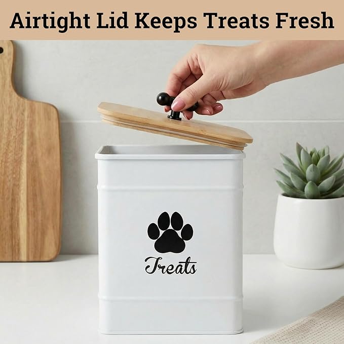 Dog Treat Container Airtight - 6 Inch Wide x 8 Inch Tall Iron Dog Treat Jar for Kitchen Counter with Airtight Bamboo Lid - 12 Cup Capacity Pet Treat Container - Doggie Cookie Jar - Big Treats Canister