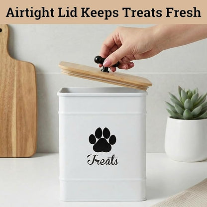 Dog Treat Container Airtight - 6 Inch Wide x 8 Inch Tall Iron Dog Treat Jar for Kitchen Counter with Airtight Bamboo Lid - 12 Cup Capacity Pet Treat Container - Doggie Cookie Jar - Big Treats Canister