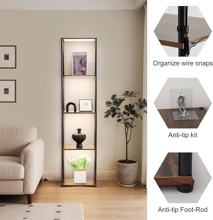 Tall Display Shelf with Lights, Dimmable LED Display Cases for Collectibles, Curio Cabinet with Adjustable Color Temperature, 5-Tier Corner Bookshef with Light, Floor Lamp with Shelves for Living room