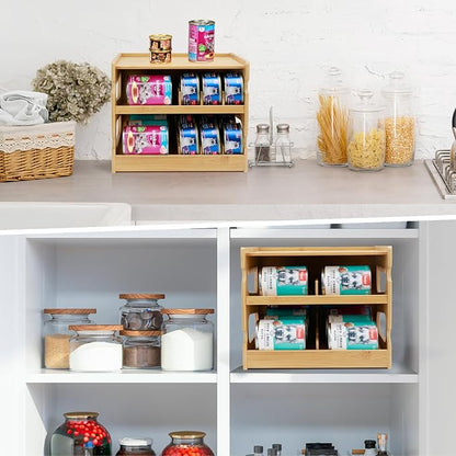Bamboo Can Organizer for Pantry, 2 Tier Canned Cat Food Organizer for Kitchen Counter, Cat Food Storage Holds Up to 36 Cans, Can Rack Organizer for Human and Pet Food Cans, FlFO Design