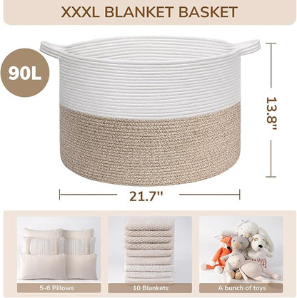 INDRESSME Large Laundry Basket, 21.7'' x 13.8'' Cotton Rope Blanket Basket Living Room Toy Baskets Storage Kids, Woven Baskets for Dirty Clothes, Pillows, Towel, 90L Light Brown
