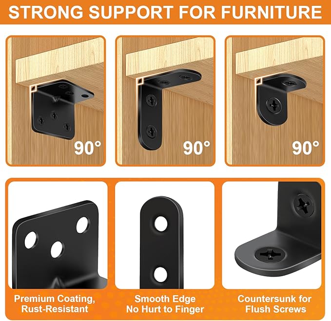 26PCS L Bracket Corner Brace Kit, 3 Sizes Stainless Steel L Brackets for Wood Shelves, 90 Degree Right Angle Bracket, Black Metal Corner Brackets for Furniture Cabinet Drawer Chair (with 88 Screws)