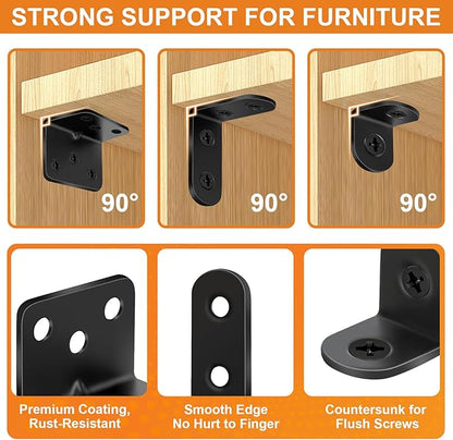26PCS L Bracket Corner Brace Kit, 3 Sizes Stainless Steel L Brackets for Wood Shelves, 90 Degree Right Angle Bracket, Black Metal Corner Brackets for Furniture Cabinet Drawer Chair (with 88 Screws)
