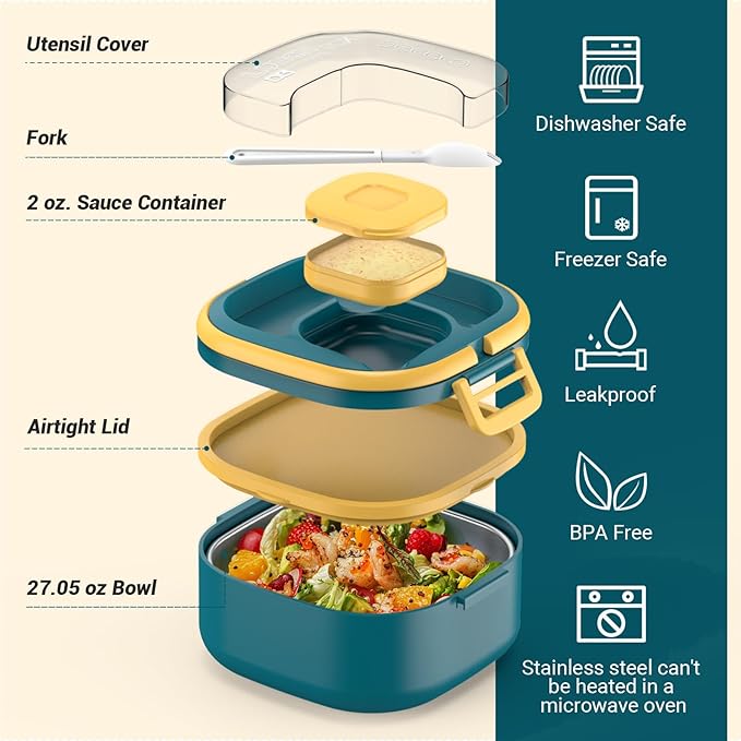 Single-Layer Bento Lunch Box for Kids & Adults with Removable Stainless Steel Lunch Container,Dressing Container,BPA-Free,Dishwasher Safe - Includes Utensil(Blue,Non-Insulated)