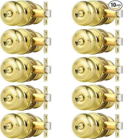 Probrico Polished Brass Door Knobs, Interior Door Knobs with Round Ball Knob, Nickel Privacy Door Knob for Bedroom Bathroom, 10 Pack