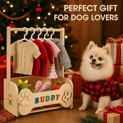 Wooden Dog Clothes Closet for Small Dogs, Pet Wardrobe with Hanging Rod & 10 Hangers, Clothing Rack & Toy Storage for Chihuahua Yorkie Pomeranian, DIY Name Plates, for Dog Moms