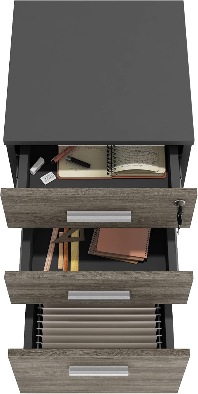 Modern Design Lazio File Cabinet, Filing Cabinets for Home Office, Drawers for Under Desk, Locking 3 Drawer Rolling Wood Filing Cabinet with Lock, Black and Grey, by Crafts and Comfort