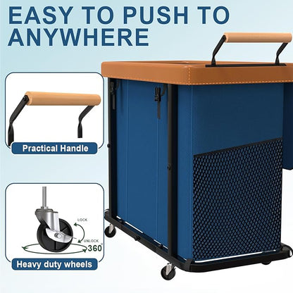 230L (60 Gal) Extra Large Fashion Laundry Sorter 3 Section with Lid, Rolling Laundry Basket Hamper with Handle, Laundry Organizer Storage Cart with Sturdy Metal Frame for Laundry Room, Dark Blue