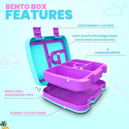 YOLAY Bento Box for Kids Lunch Box Leak-Proof, 5-Compartment Lunch Box Kids for Ages 3-10, Durable with Anti-Slip Base, Suitable for Schools, Outdoor and Travel (Mermaid) (Unicorn)