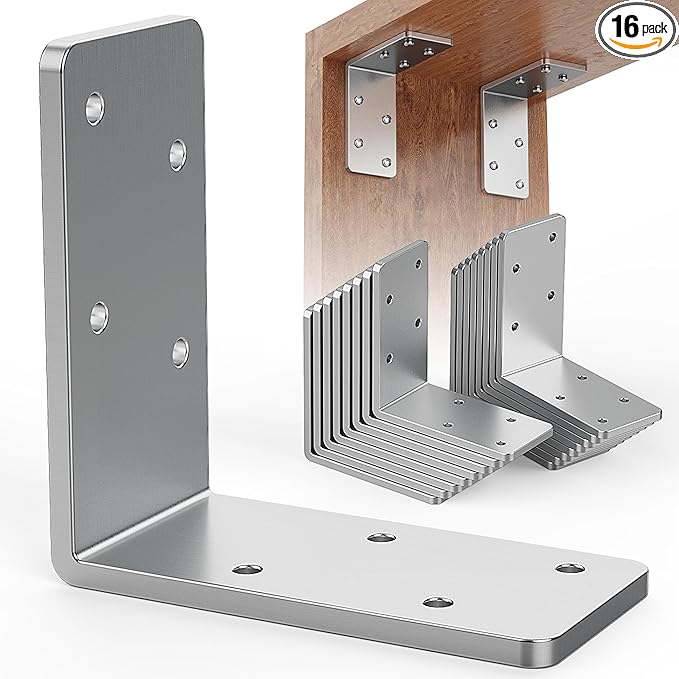 16 Pcs 3"x3" L Brackets Heavy Duty, Galvanized Corner Brace for Wood, Angle Iron with Recessed Holes, 90 Degree Angle Bracket for Floating Shelves, Wood Beams, Furniture, Bed