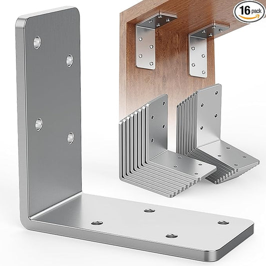16 Pcs 3"x3" L Brackets Heavy Duty, Galvanized Corner Brace for Wood, Angle Iron with Recessed Holes, 90 Degree Angle Bracket for Floating Shelves, Wood Beams, Furniture, Bed