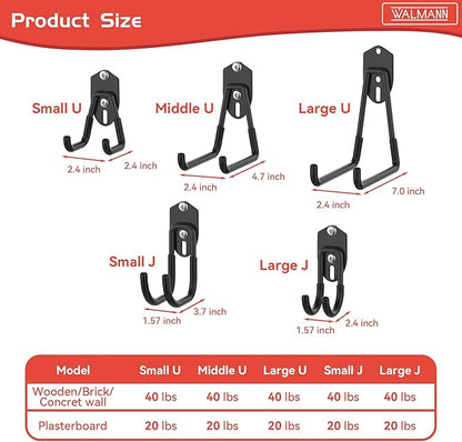 WALMANN 12 PCS Garage Storage Hooks, Wall Mount Utility Hooks for Tools, Ladders, Cords, Folding Chairs, Shovels and Rakes, Shelving Hooks for Keyhole Shelving Units(Black)