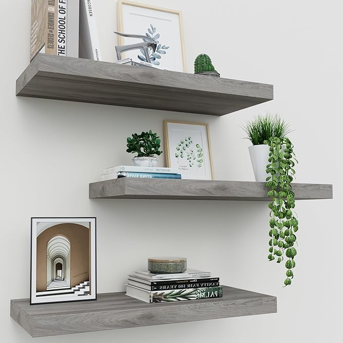 Floating Shelves for Wall Set of 3, 16" Gray Wall Shelves for Home Decor, Frame Display Floating Shelf for Living Room, Bedroom, Bathroom, Kitchen