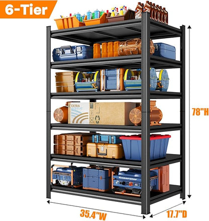 Metal Garage Shelving, 6-Tier 78" H x 35.4" W x 17.7" D Tall Heavy Duty Storage Shelves Unit, Adjustable & Sturdy, Rust-Resistant Utility Rack for Pantry, Kitchen, Basement, Warehouse