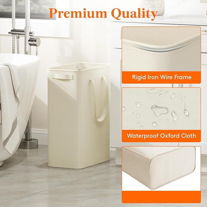 Lifewit 2 Pack Slim Laundry Hamper, Collapsible Narrow Laundry Basket, Small Tall Dirty Clothes Hampers with Handles for Bathroom Bedroom College Dorm, White, 50L