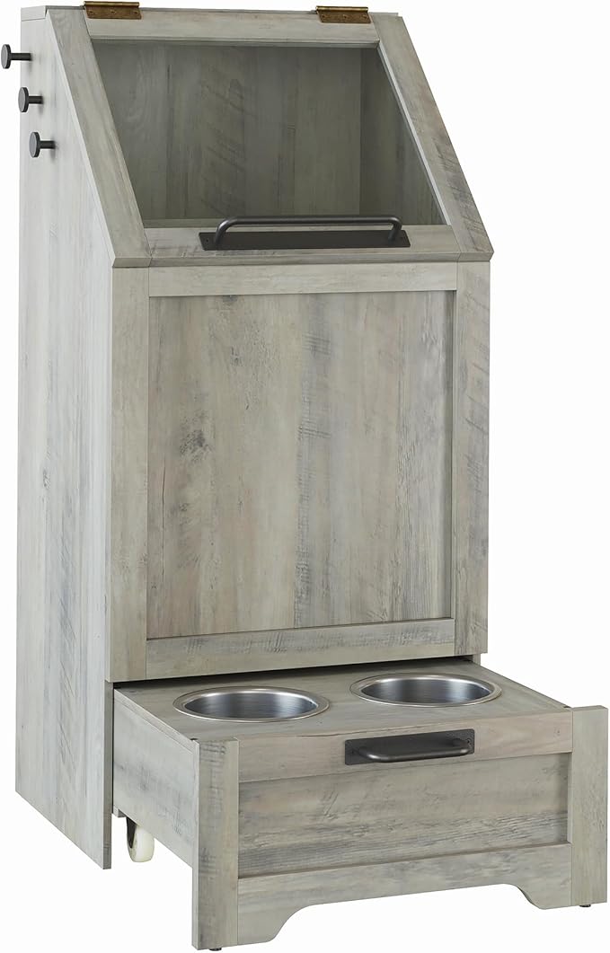 Flip Top Dog Food Storage Container, Wood Pet Storage Cabinet with 2 Pull-Out Elevated Dog Bowls, Modern Dog Food Storage Container with 3 Hooks, Pet Toy Storage Organizer, Grey