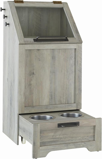 Flip Top Dog Food Storage Container, Wood Pet Storage Cabinet with 2 Pull-Out Elevated Dog Bowls, Modern Dog Food Storage Container with 3 Hooks, Pet Toy Storage Organizer, Grey