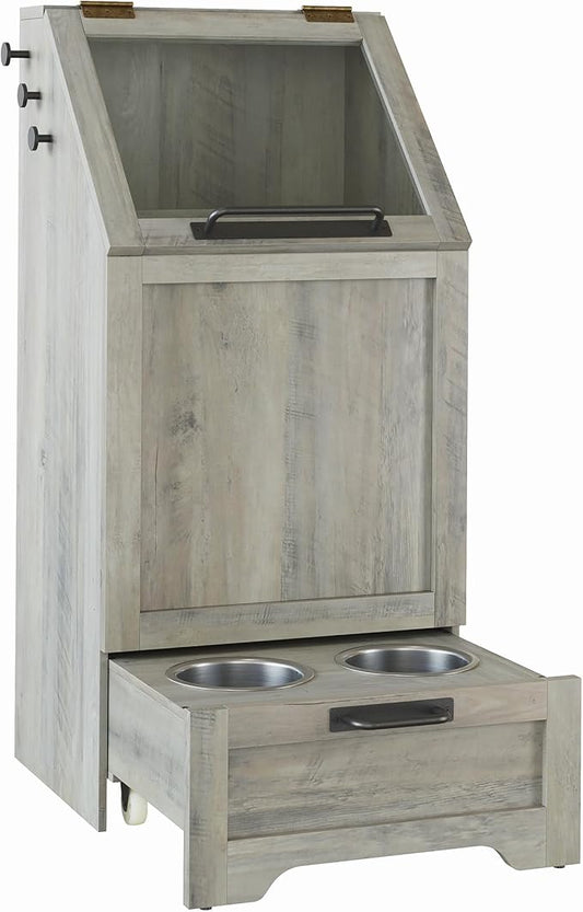 Flip Top Dog Food Storage Container, Wood Pet Storage Cabinet with 2 Pull-Out Elevated Dog Bowls, Modern Dog Food Storage Container with 3 Hooks, Pet Toy Storage Organizer, Grey