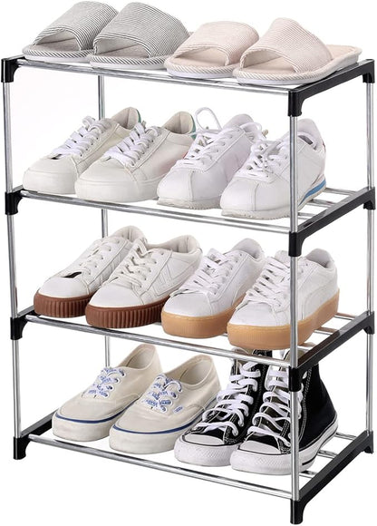 Stackable Small Shoe Rack, Entryway, Hallway and Closet Space Saving Storage and Organization (4-Tier, Black)