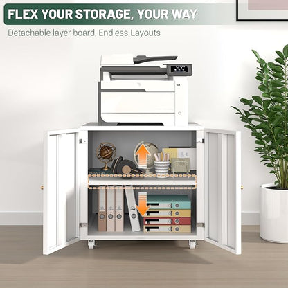 Printer Stand with Storage Cabinet with Wheels,3D Heavy Duty Metal Large Printer Table with Adjustable Shelf for Home Office, Mobile Printer Cart,White,23.6" H